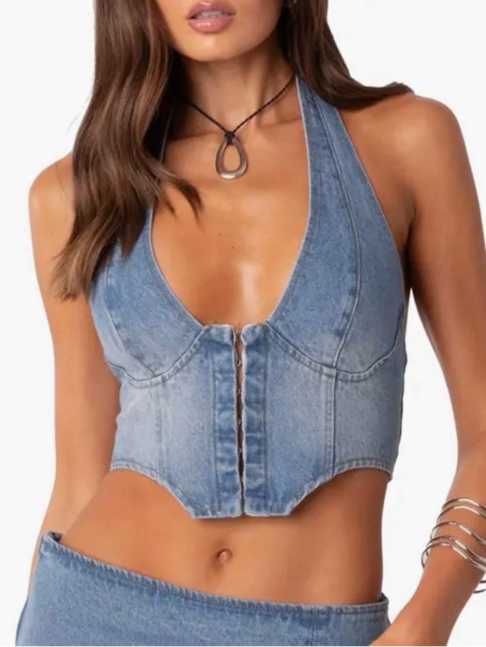 NWT Denim Halter Crop Top With Corset Back